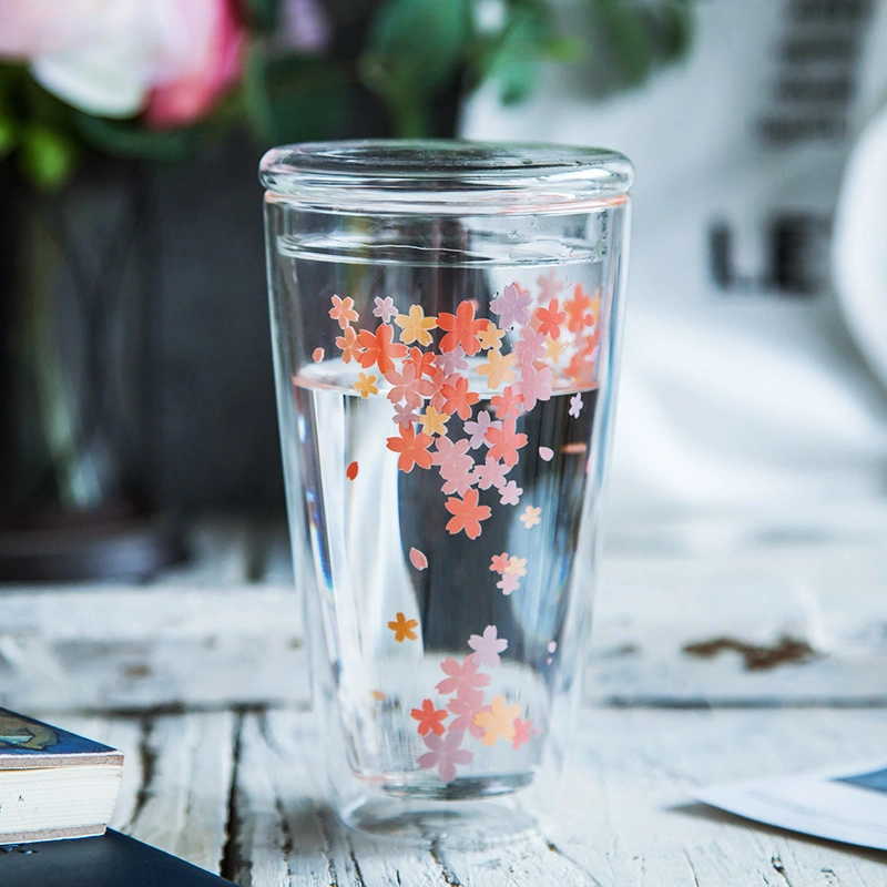 Glass Espresso Mugs, Sublimation Double Wall Thermo Insulated Glass Coffee Cups, Glass Coffee Mugs with Cherry Blossoms Pattern