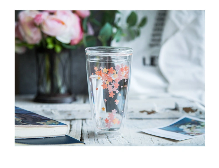 Glass Espresso Mugs, Sublimation Double Wall Thermo Insulated Glass Coffee Cups, Glass Coffee Mugs with Cherry Blossoms Pattern